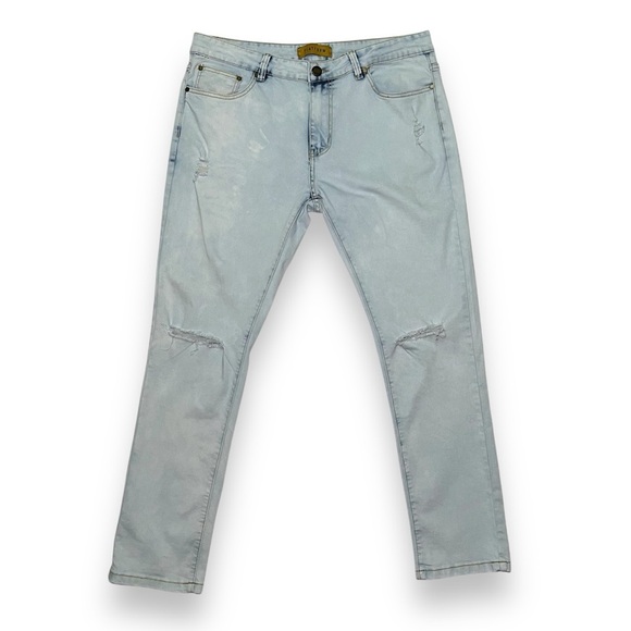 Platform Jeans Mens W36/L30 Slim Stretch Light Acid Wash Blue Denim Ripped Knees - Picture 1 of 9